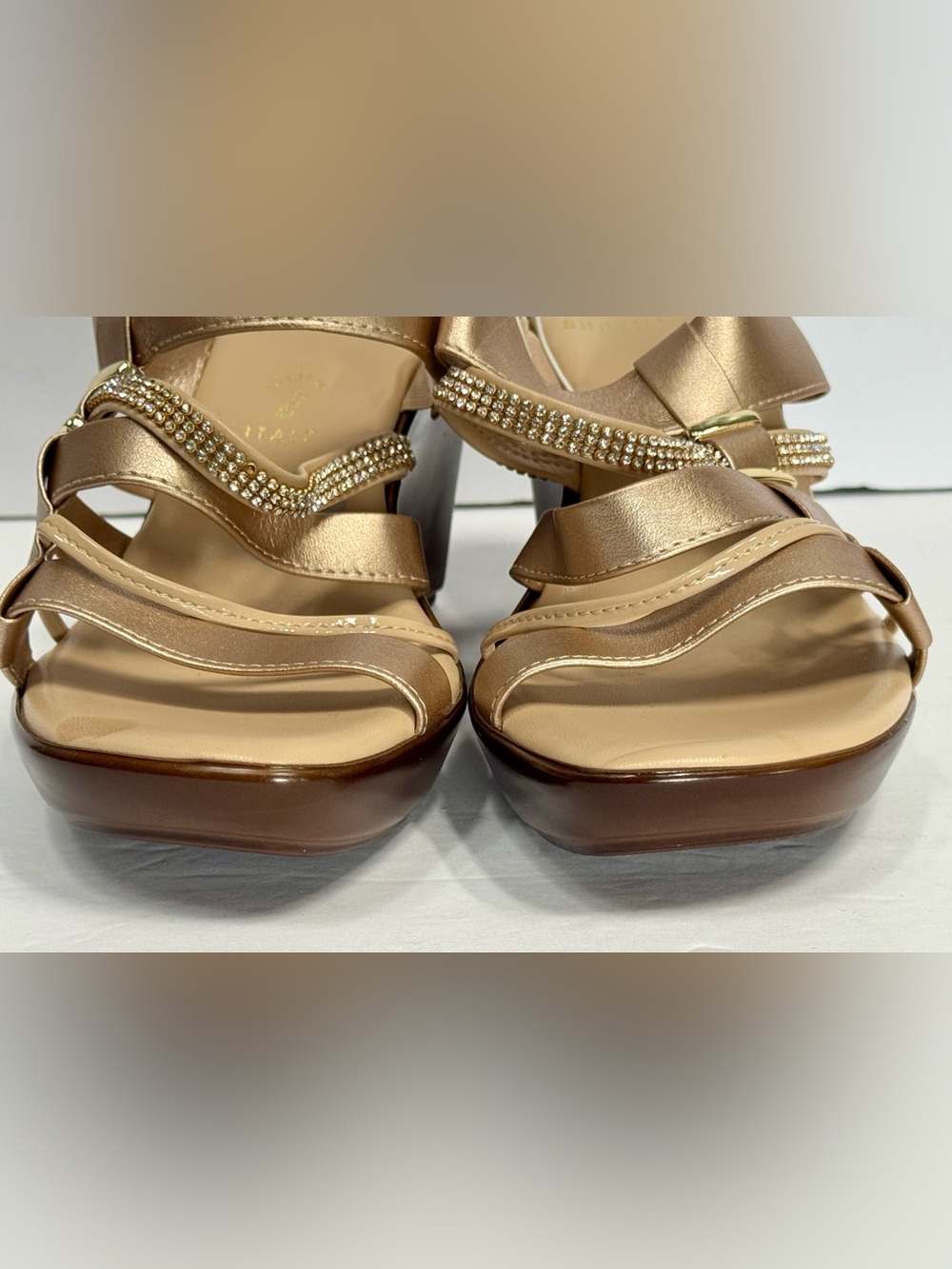 Italian Shoemakers Metallic Gold Wedge Sandals with Rhinestone Straps - Picture 12 of 14